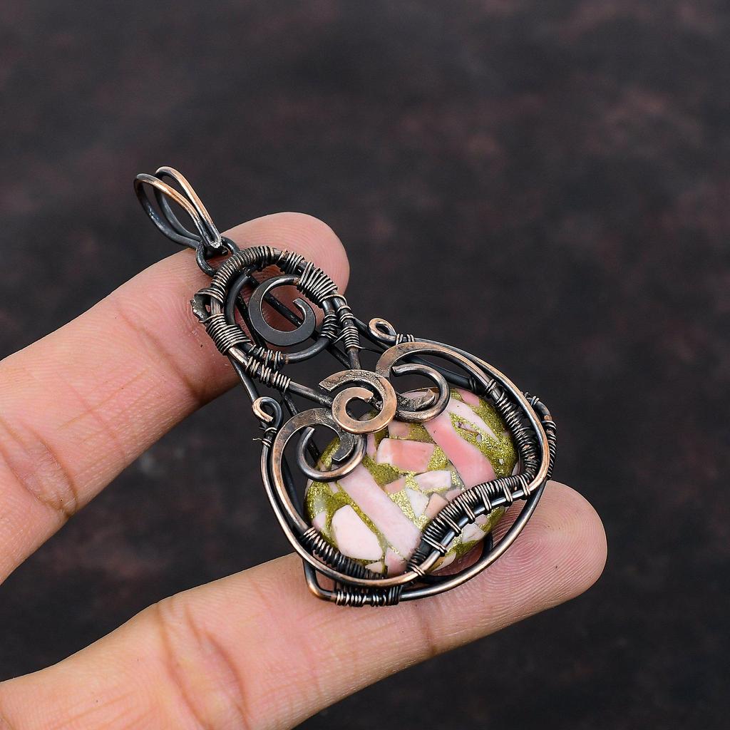 Медный розовый опаловый кулон, обернутый медной проволокой, драгоценный камень, кулон, розовое опаловое ювелирное изделие, кулон ручной работы, обернутый медной проволокой, ювелирное изделие, подарок для матери