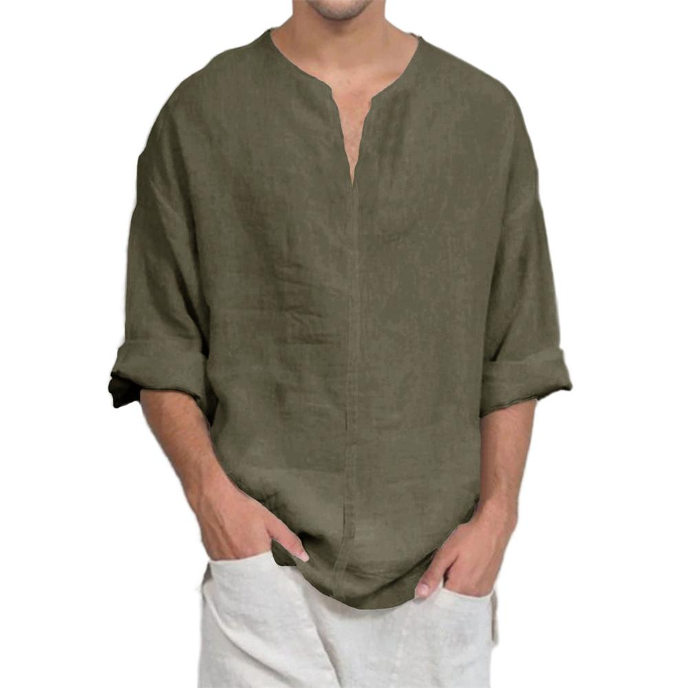 Хлопково-льняная футболка с V-образным вырезом и длинным рукавом для мужчин, повседневная, однотонная, легкая, дышащая, уютная, мужская модная футболка