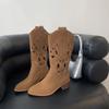 Retro Pointed Mid-Calf Western Boots Women Genuine Cow Suede Hollow Slip-On Thick High Heel Knight Shoe British Modern Shoe