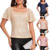 Women Tops Square Collar Puff Short Sleeve Sequin Tops Glitter Sparkling Party
