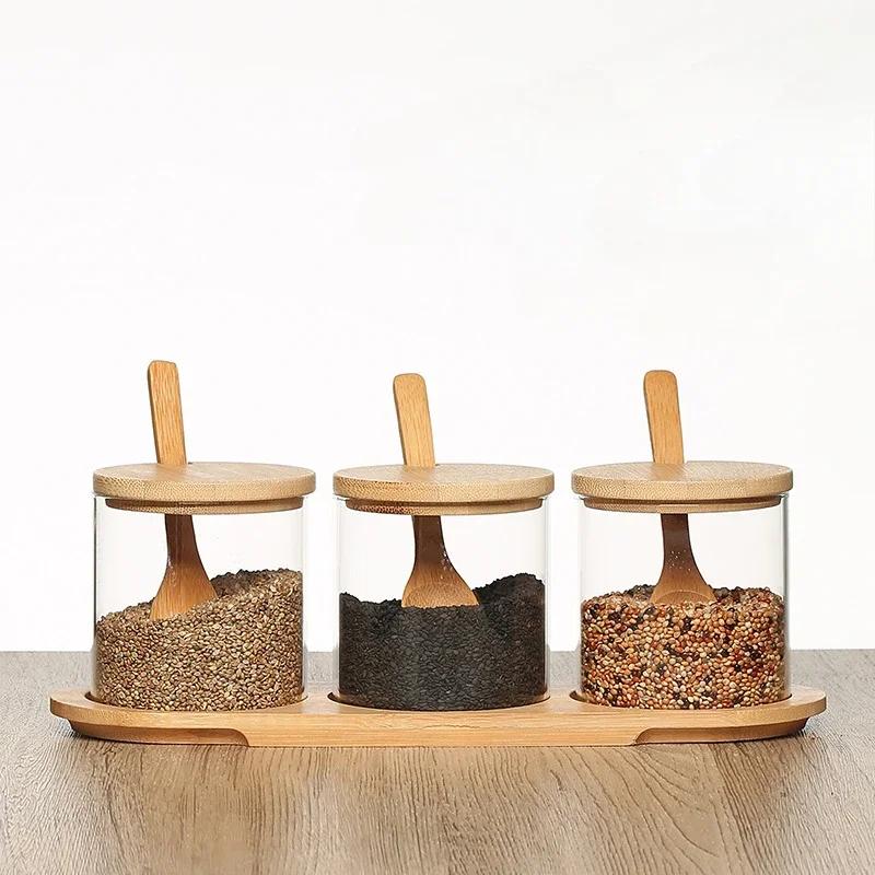 JUSTINLAU Kitchen Glass Condiment Jar Set Seasoning Spice Salt Jar Wood Lid with Tray Spoon Dust-Proof Coffee Beans Organizer