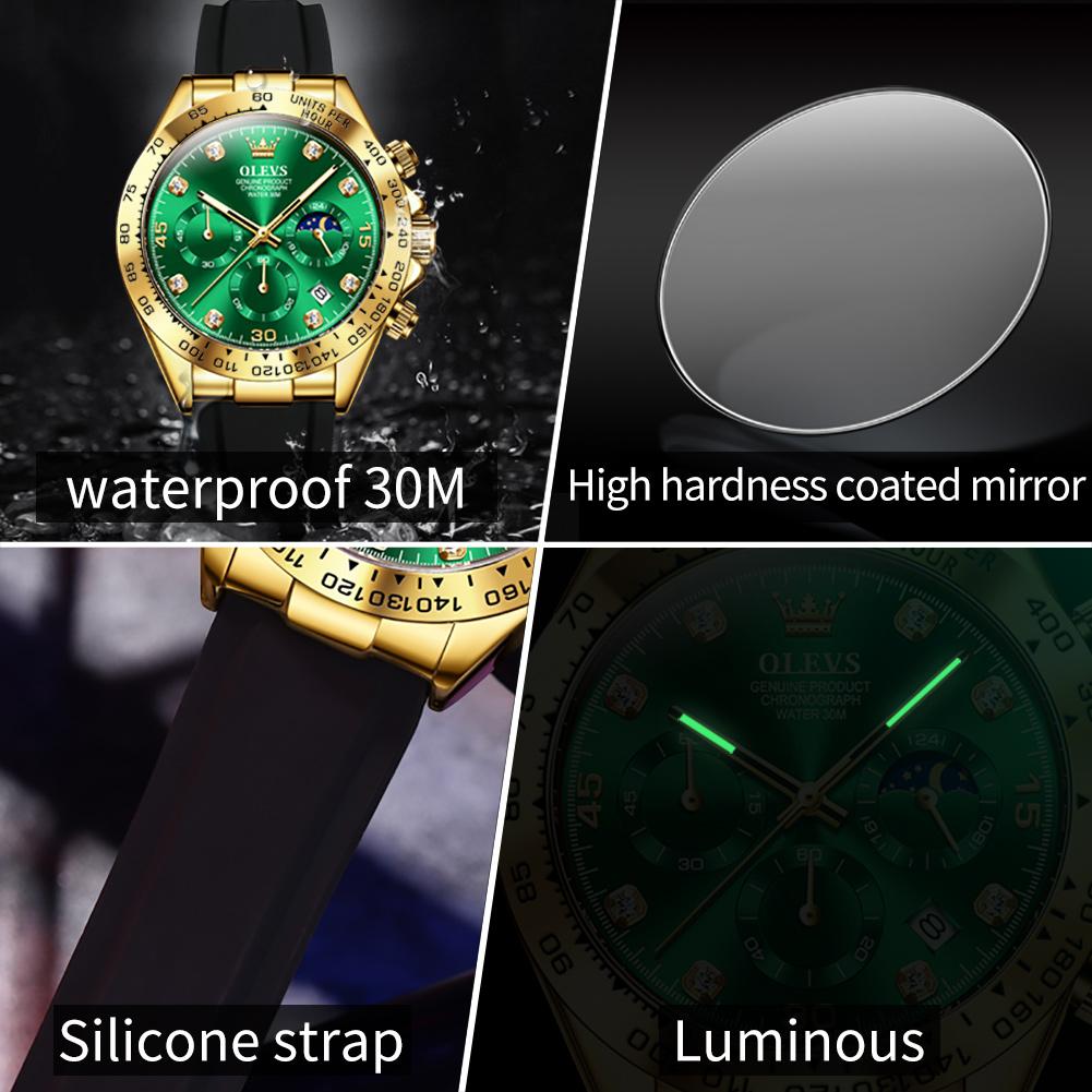 Мужские часы Green Water Ghost Роскошные многофункциональные оригинальные кварцевые часы для мужчин Водонепроницаемые светящиеся дата Фаза Луны Рождество