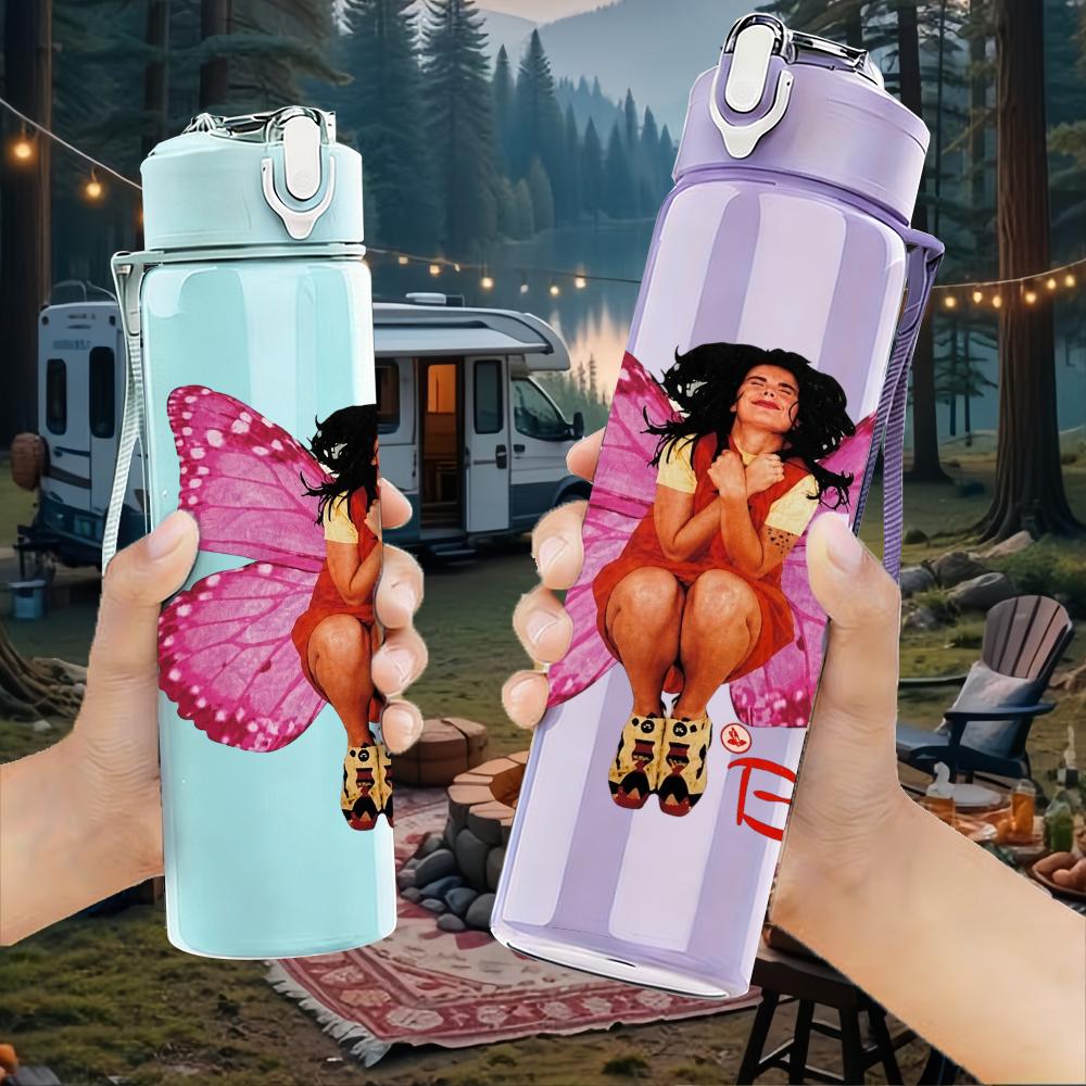 1PC Pink Butterfly Lady Retro Fashion Print 750ml Portable Sports Water Bottle Leakproof Gym Outdoor Travel Drink Cup