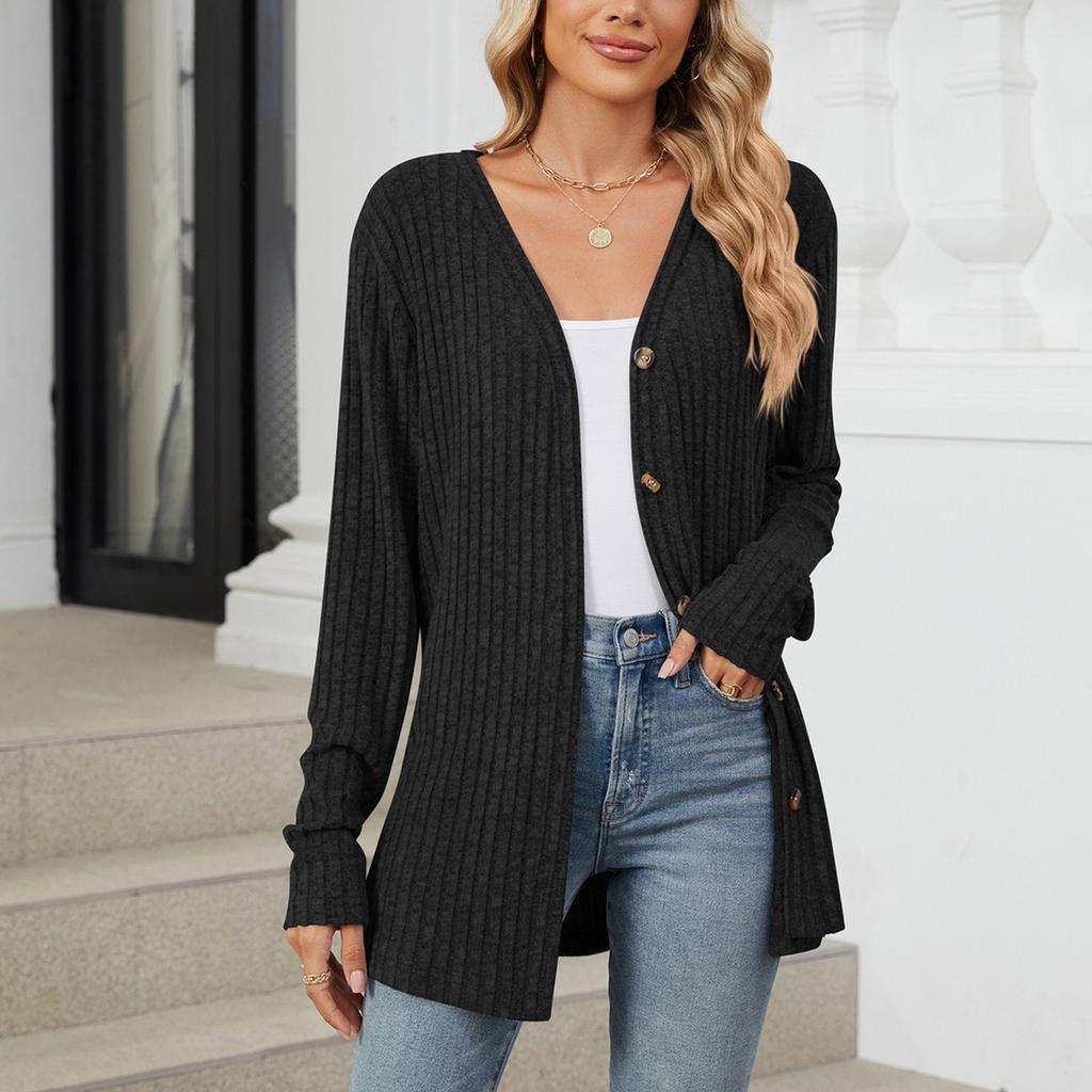 Women's Fashionable Casual Solid Color Long Sleeved Loose Button Cardigan Jacket