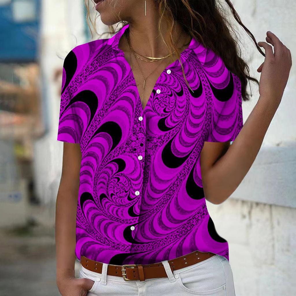 2025 Summer New Fashion Women's Retro Printed Short Sleeve V-neck Casual Button-down Shirt Top