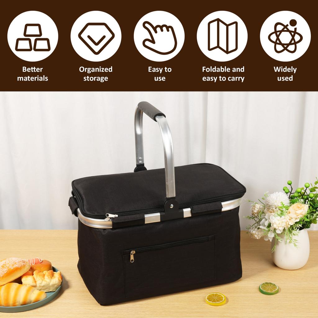 Picnic Basket Portable Folding Insulated Bag with Padded Handle and Lid Handheld Waterproof Shopping Basket for Travel Picnic