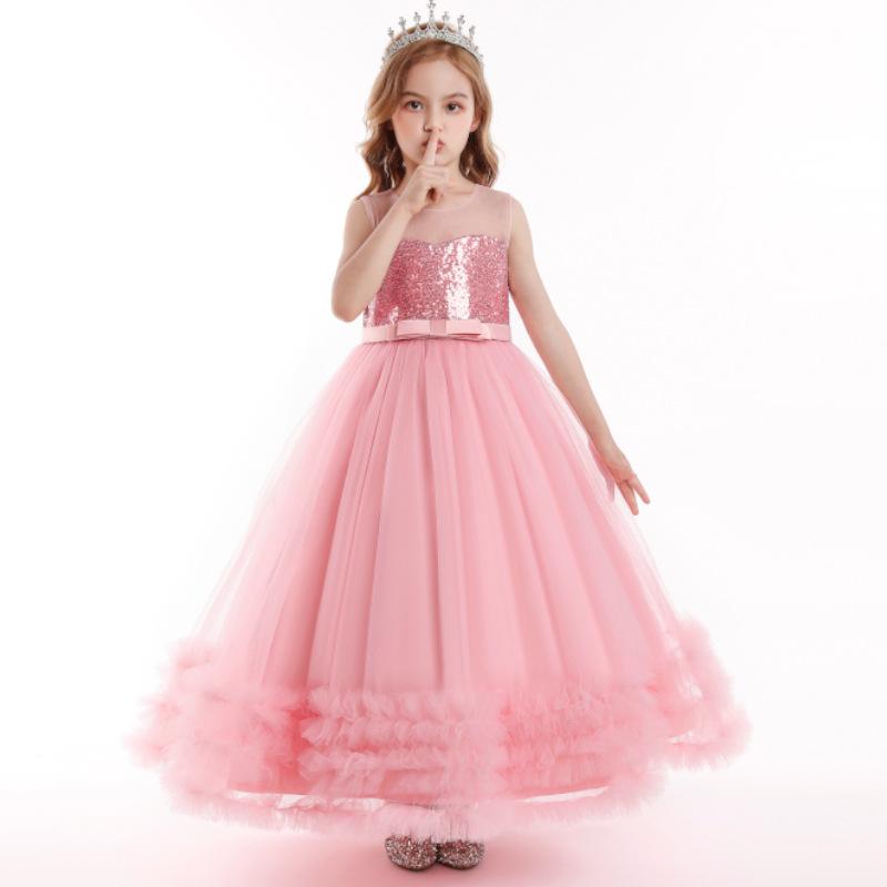 Girls Sequins Tulle Dress Sleeveless Bowknot Birthday Prom Princess Wedding Pageant Communion Party Long Ball Gown