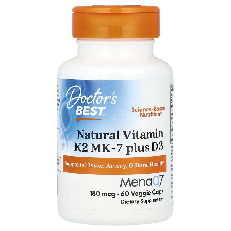 Natural Vitamin K2 MK-7 plus D3, 180 mcg, 60 Veggie Caps