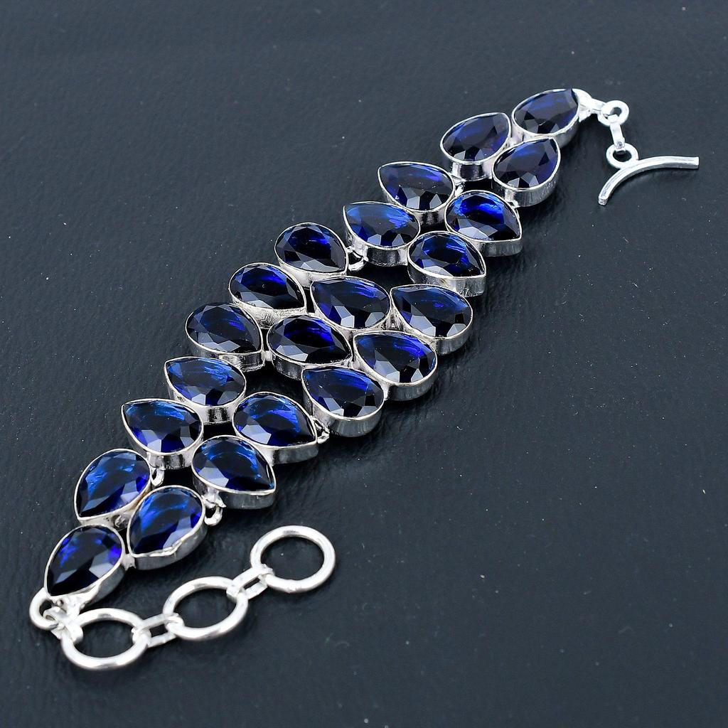 Браслет из стерлингового серебра 925 пробы ручной работы с синим сапфиром, серебряный браслет с драгоценным камнем, браслет с синим сапфиром, браслет унисекс с сапфиром