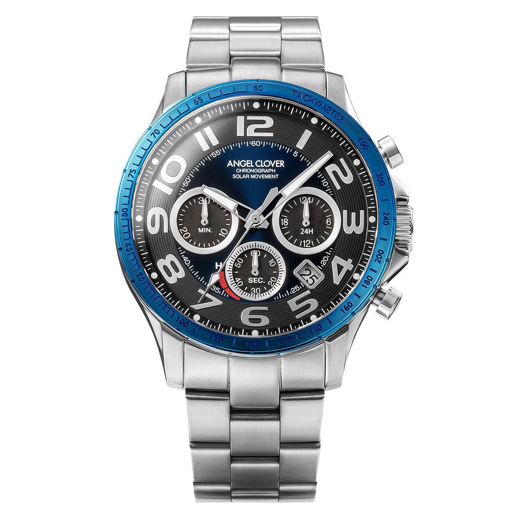 Angel Clover Men's Watch, TIME CRAFT SOLAR, Solar, 10 ATM Water Resistant, Mineral Glass, Navy Dial, Stainless Steel, NTCS44SNNV, Silver