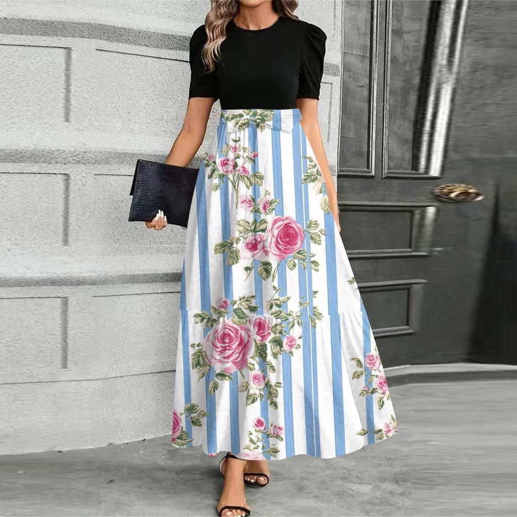 Женское модное повседневное платье с поясом, коротким рукавом, круглым вырезом и принтом, элегантное и темпераментное