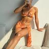 European and American ins style print bikini three-piece set female sexy tube top bikini mesh wrap skirt vacation swimsuit