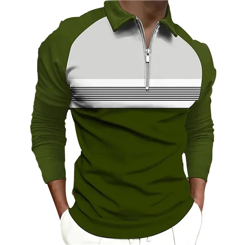 Men Fashion Spring Autumn Casual Long Sleev Zipper Polo Shirt , Men Spell Color Golf Polo Shirt Tops .
