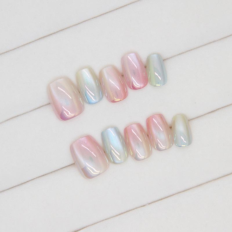 10pcs Short Candy Color Rainbow Gradient Cat's Eye False Nails Square Head Girl Lady Press On Nail Wearable Detachable Nail Tips