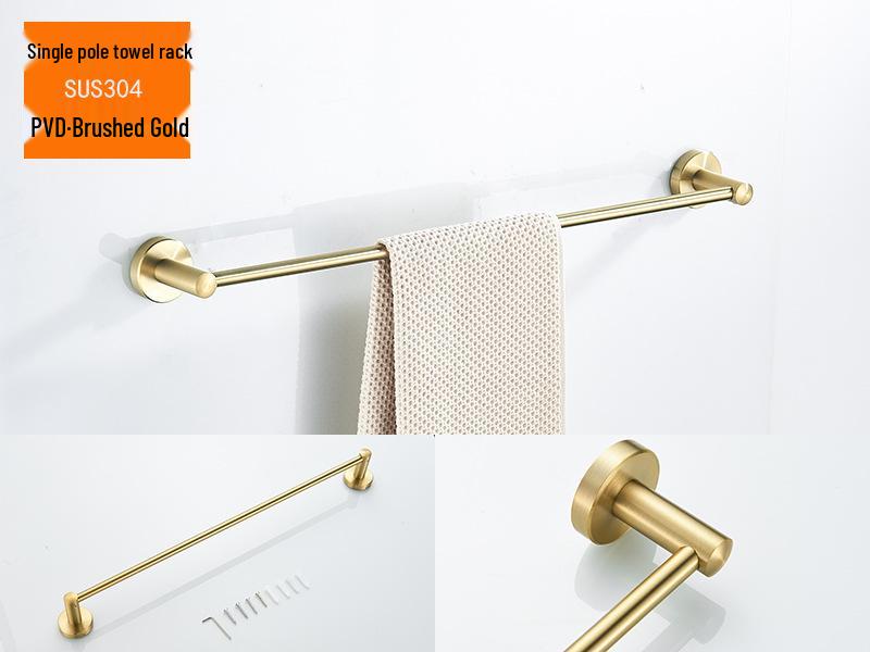 Brushed Gold 304 Stainless Steel Bathroom Set: Towel Rack, Ring, Storage Shelf, Toilet Paper Holder, and Clothes Hook.