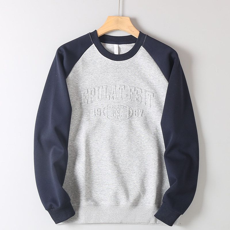 Men's Export Surplus Color-Blocked Raglan Sleeve Crewneck Pullover Sweatshirt with 3D Embossed Design for Spring and Autumn Casual Sports Wear