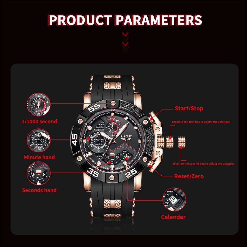 LIGE Men Watch Fashionable Sports Waterproof Silicone Strap Men's Quartz Watch
