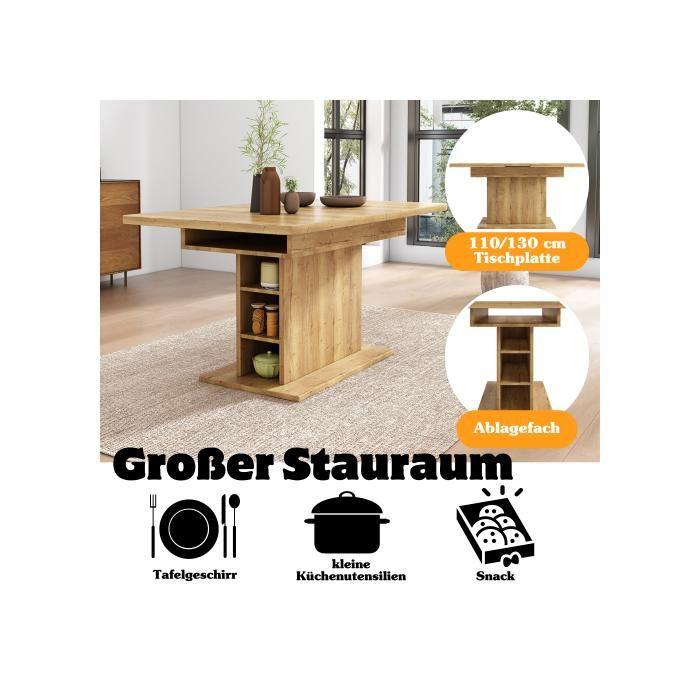 Table de salle à manger - MUVOE - L110/130*L70*H75 - 6 places - Marron - Rectangulaire