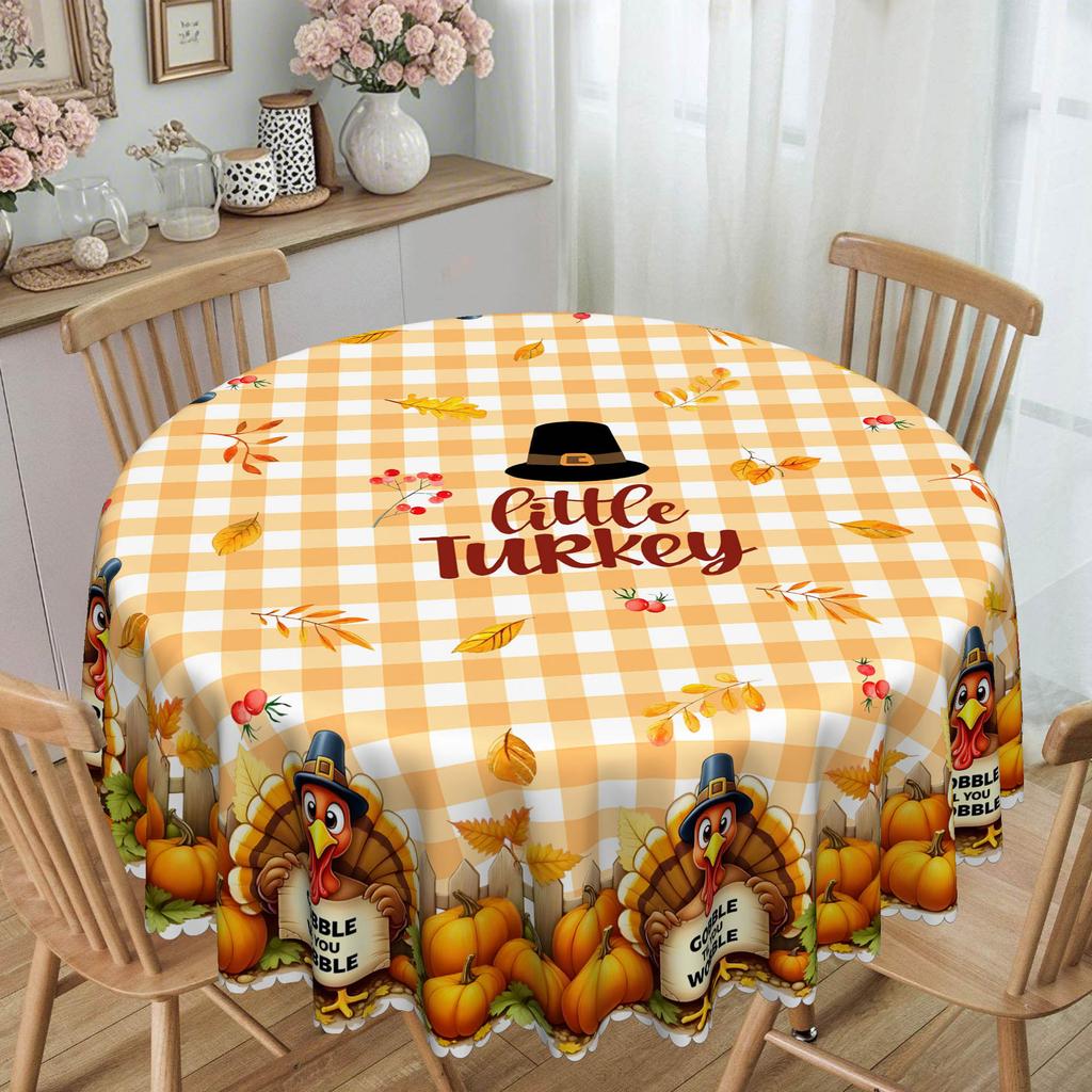 1 Fall Thanksgiving Polyester Tablecloth Cartoon Turkey, Pumpkin And Sunflower Pattern, Rectangular Tablecloth
