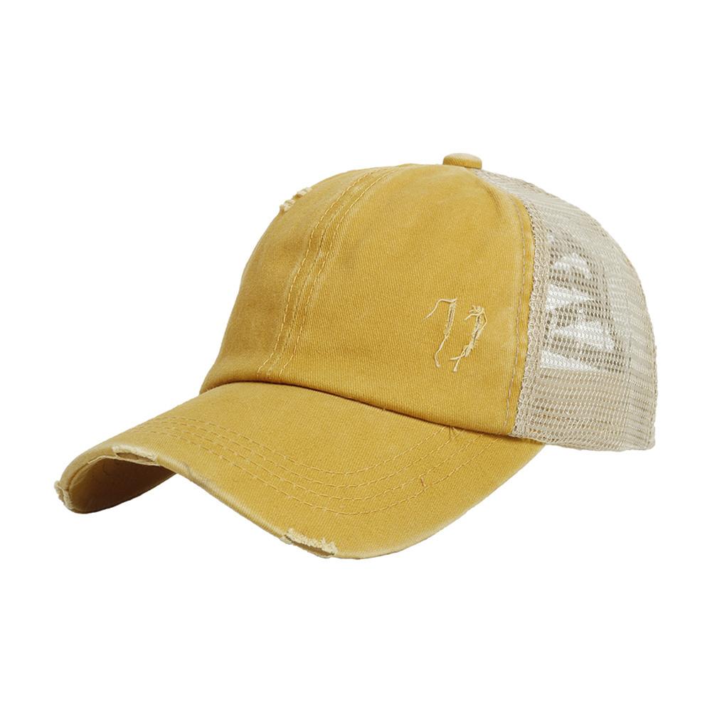 Women Cross Ponytail Baseball Cap Mesh Adjustable Outdoor Sports Washed Distressed Peaked Cap