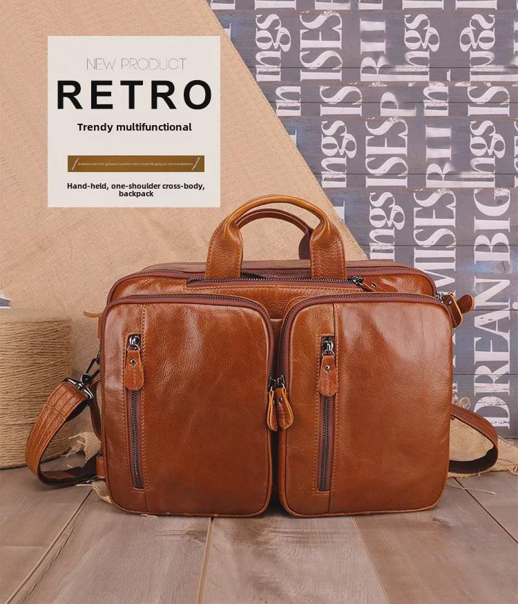 Мужской многофункциональный рюкзак из натуральной кожи и расширяемый портфель с большой вместимостью и множеством карманов