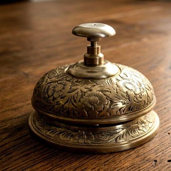 Brass Hotel Desk Bell: Hand Engraved Floral Service Bell