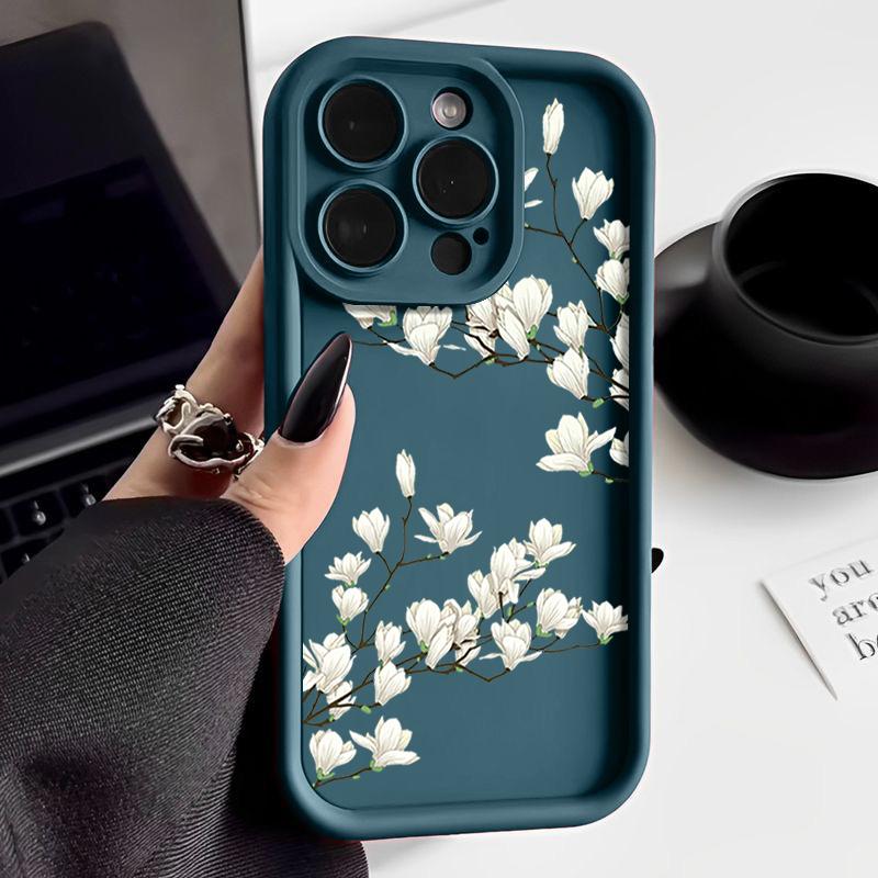 White Magnolia Pattern Phone Case For iPhone 16 15 14 Pro Max 15 16 Plus 12 13 Pro 11 16E Candy Color Shockproof Silicone Cover