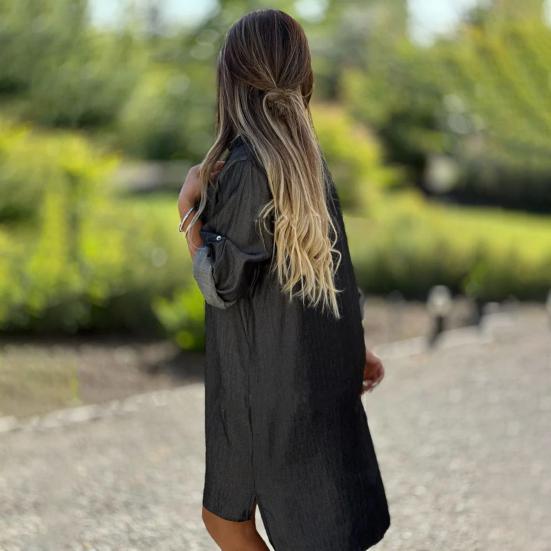 Denim Shirt Dress Shirt Collar Long Sleeves Women A-Line Style Dress Solid Color Single Breasted Knee-Length Dress