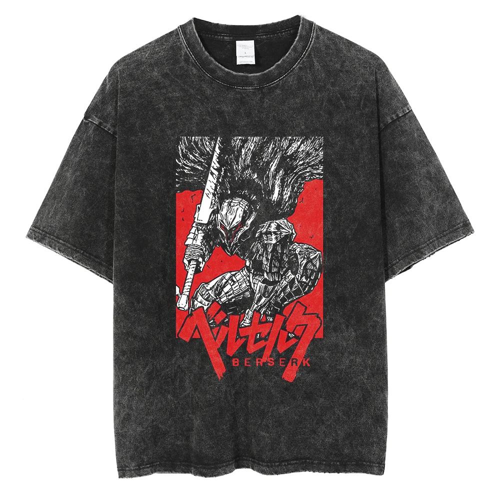 Men Harajuku Black Washed T-Shirt Streetwear Japan Anime Graphic Cotton Casual Tshirt Summer Short Sleeve Tops T Shirt