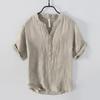 L888 Men's Retro Linen V-Neck T-Shirt - Casual Solid Color, Short-Sleeved Top