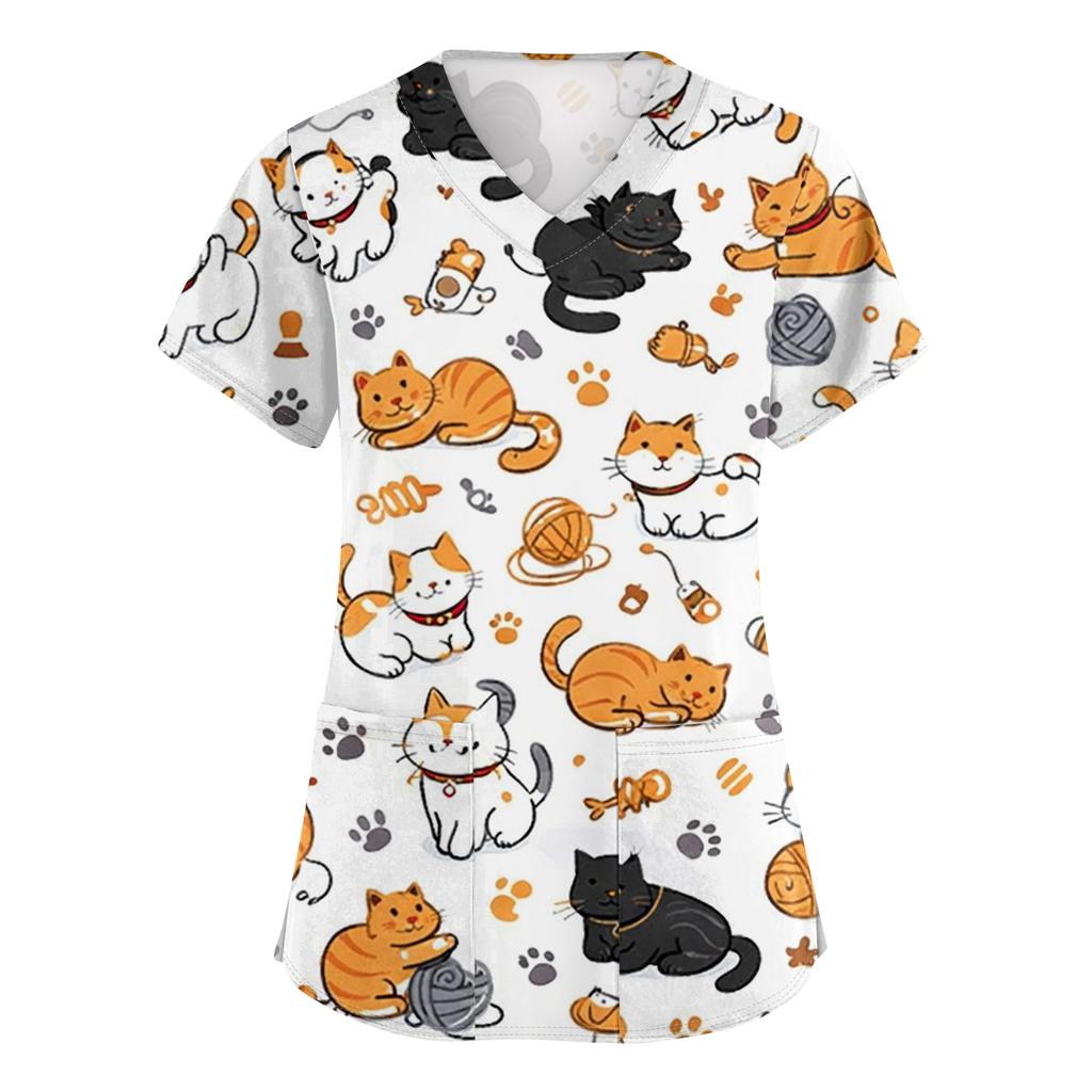 Women's Casual Short-Sleeve Cute Animal Print V-Neck Pocket Top