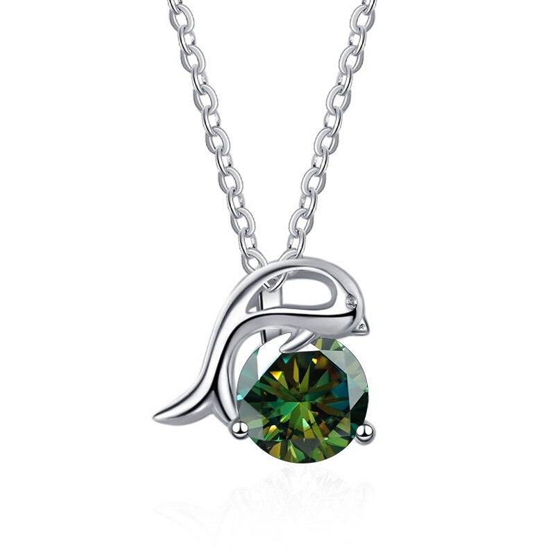BagueRingen 1.0ct 6.5mm Green Round 18K White Gold Plated 925 Silver Pendant Necklace Moissanite Dolphin Shape Woman Girl Gift