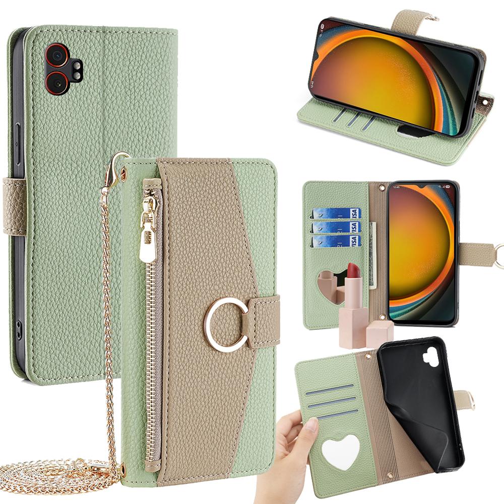For Samsung Galaxy XCover7 Pro Case Mirror Wallet Leather Phone Cover with Chain Shoulder Strap