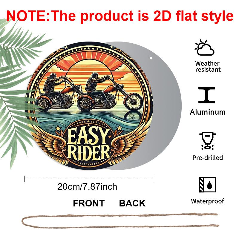 2D Flat Aluminum Retro Easy Rider Motorcycle Metal Sign - Vintage Biker Wall Decor for Man Cave Garage Bar, Round Hanging Ornament - Unique Motorbike