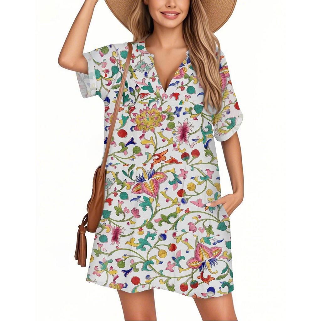 Women's Fashion Smock Hawaiian Floral Casual Short Sleeve V-neck T-shirt Dress Holiday Beach Dress