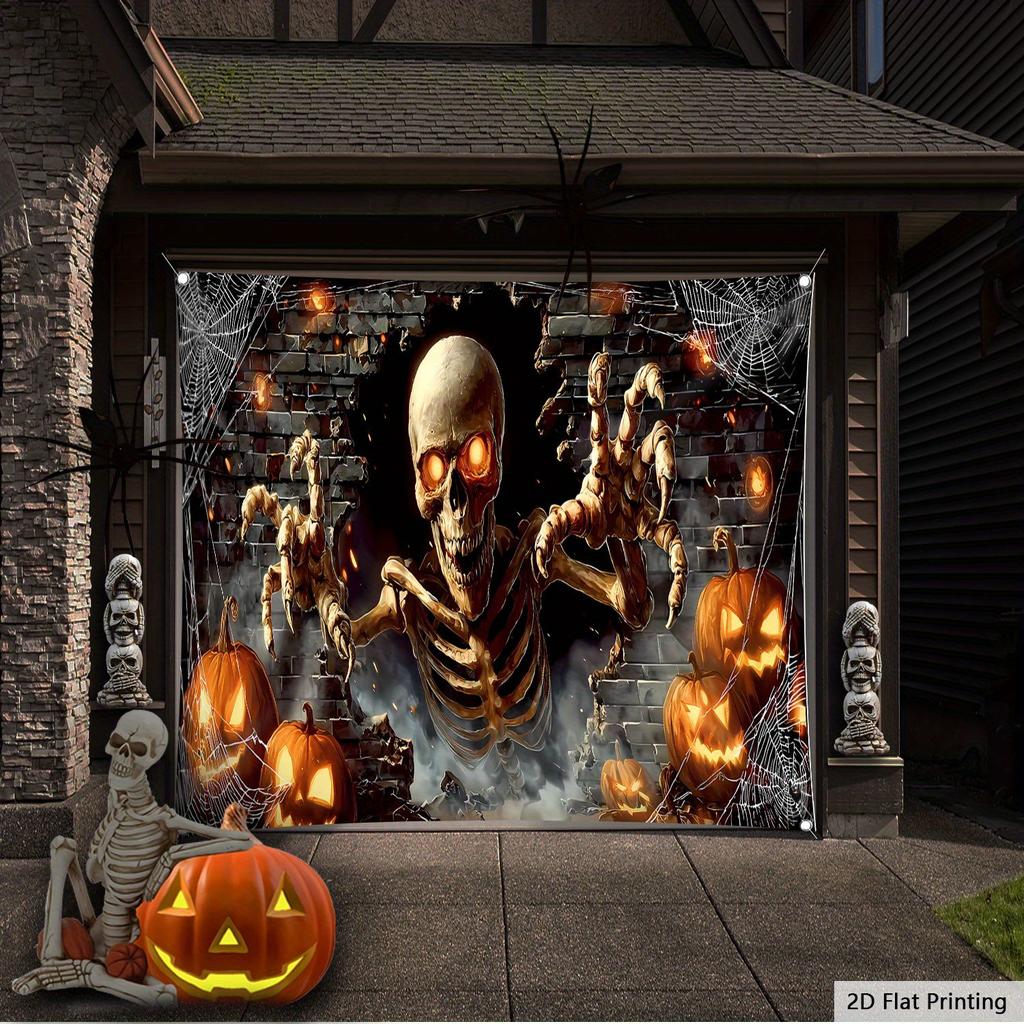 1pc Extra Large Halloween Garage Door Decoration - Scary Skull Breaking Through the Wall with Glowing Eyes, Spider Webs