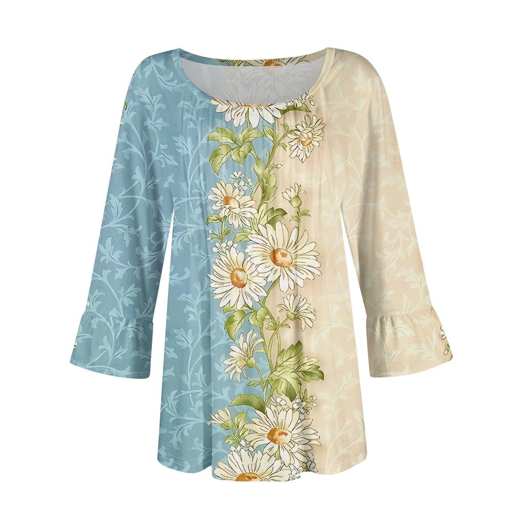 Женские топы с рукавами-колокольчиками 3/4, летние плиссированные рубашки с круглым вырезом, модные нарядные повседневные блузки-туники свободного покроя