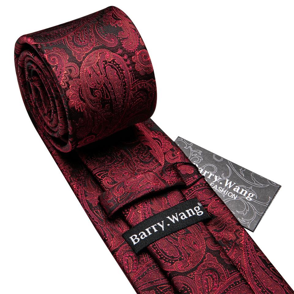 Cool Paisley Tie Hanky Cufflinks Gift Box for Men Red Black Silk Barry.Wang Set