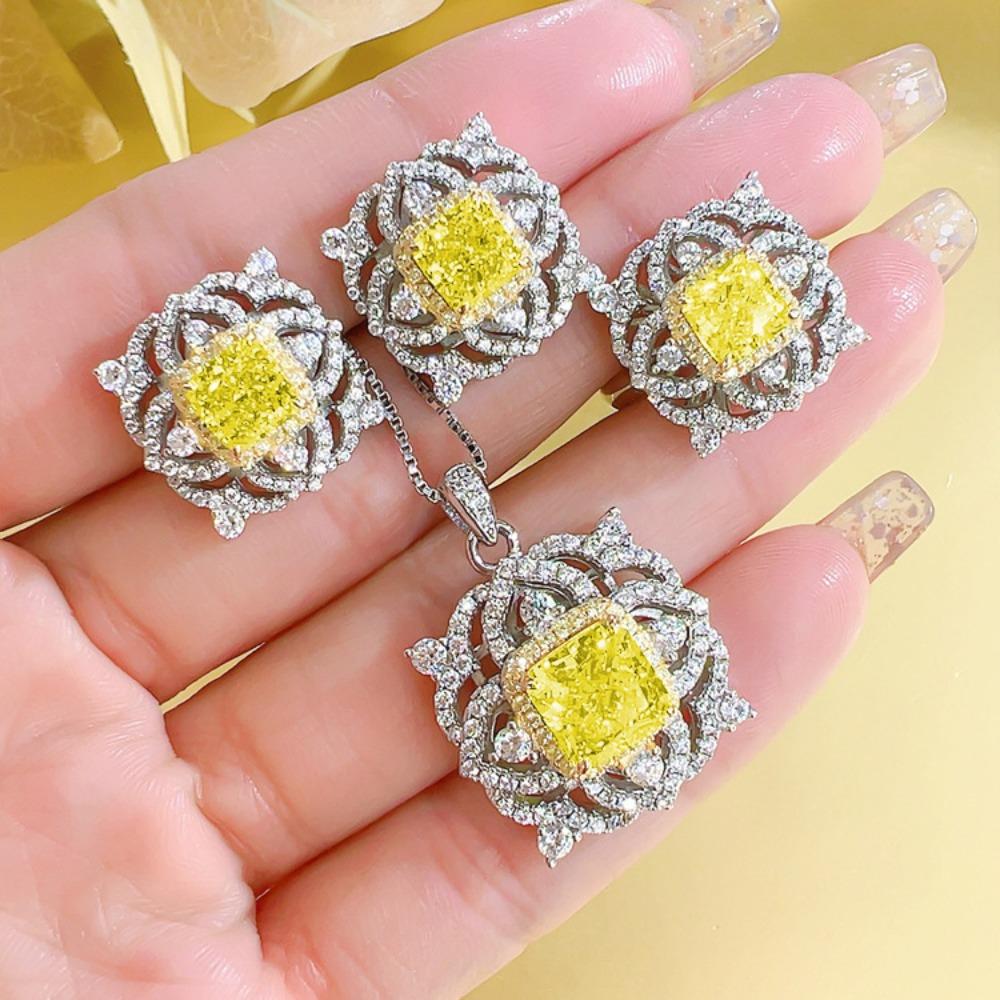 Fashion Vintage Women Jewelry Set Yellow Diamond Flower Ring Princess Cut Pendant Earrings Royal Blue Necklace