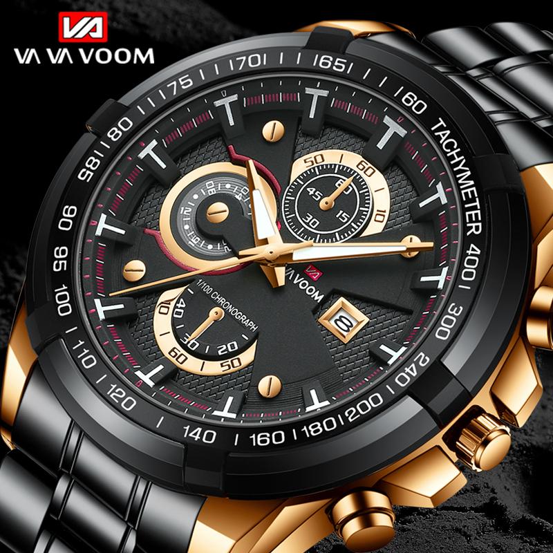 VA VA VOOM Fashion Quartz Watches Mens Watches Luxury Men Sports Gold Stainless Steel Quartz Wrist Watch Man Business Casual 3ATM Waterproof Watch
