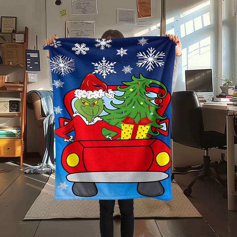 Christmas Grinch Cartoon printing Flannel Blanket Bedroom Sofa Camping Warm blanket Gifts for family and friends-MJ014