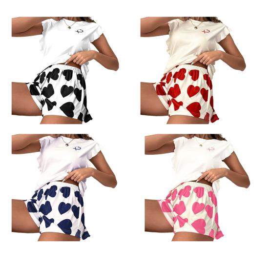 Женский пижамный комплект с оборками на рукавах-крылышках и шортами с принтом в виде сердечек, летний повседневный комплект из 2 предметов для сна и отдыха