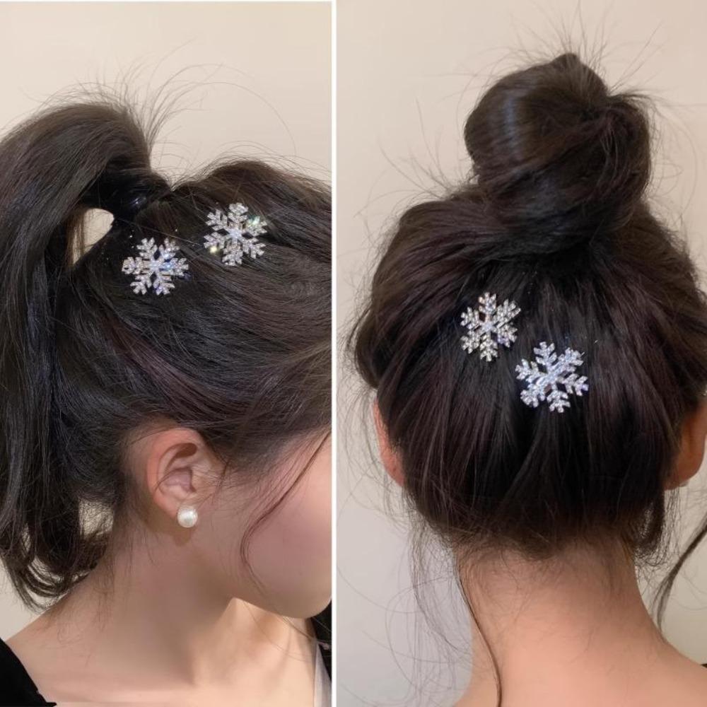 2-Pack Rhinestone Snowflake Hair Clips, Women'S Princess Updo Bun Hair Accessories, Christmas Party Hair Clips, Festive Gift Hair Pins, Plastic