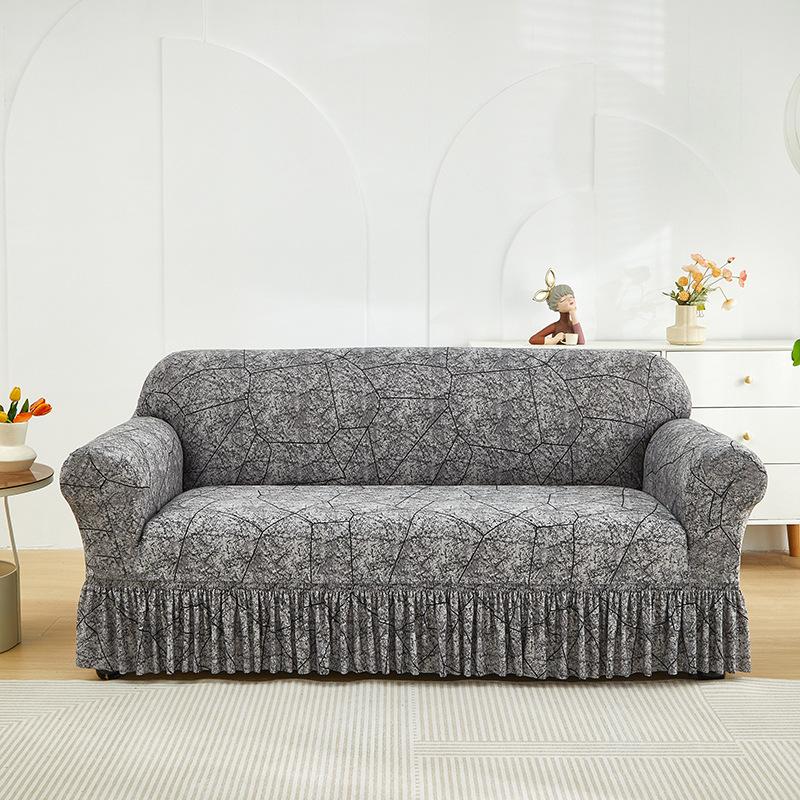 One Piece Stretchy Sofa Protector Non Skid Sofa Fitted Cover With Pleated Skirt Geometry Couch Protector For Sleeping Room Study Lounge House Decor