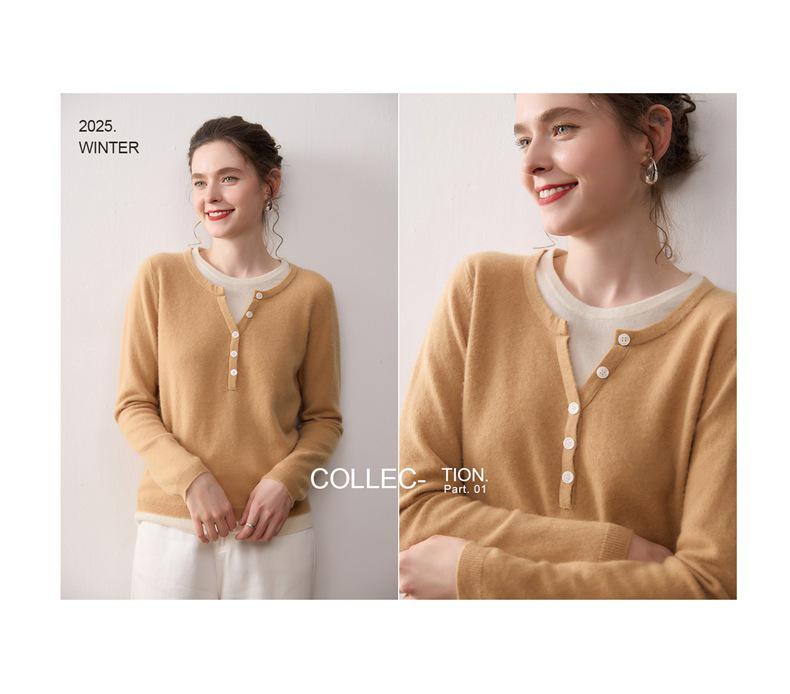 Autumn/Winter Women’s Color Block Cashmere Knit Layered Round Neck Pullover Sweater