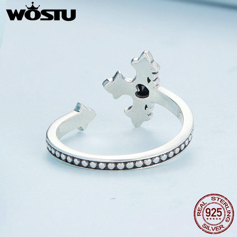 WOSTU настоящее стерлингового серебра 925 пробы, ювелирные изделия в стиле панк, ретро, открытое кольцо с крестом для женщин, крутые черные эффектные регулируемые кольца с фианитами, подарок на вечеринку