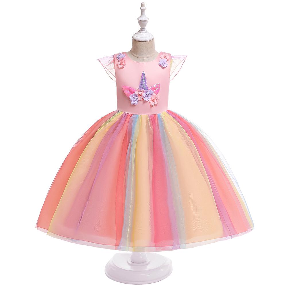 "2023 Christmas Unicorn Princess Dress for Girls, Mesh Rainbow Cotton, Ages 4-12"