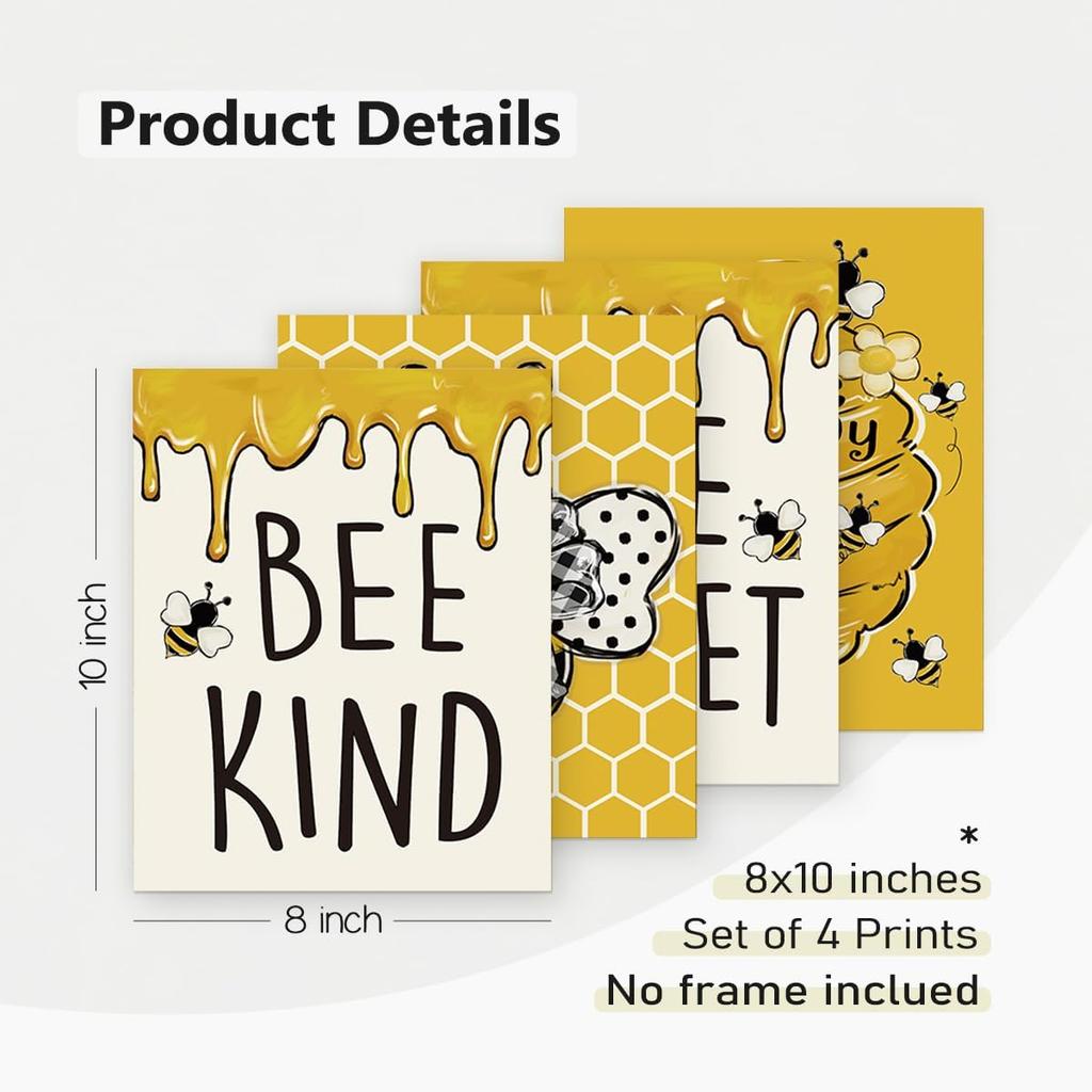 PLKMK Bee Wall Decor Set of 4,Bee Decor for Home,Bumble Bee Decor,Bee Home Decor,Summer Decor for Home,Bee Kind Wall Art,Yellow Decor,Bee Happy Sign