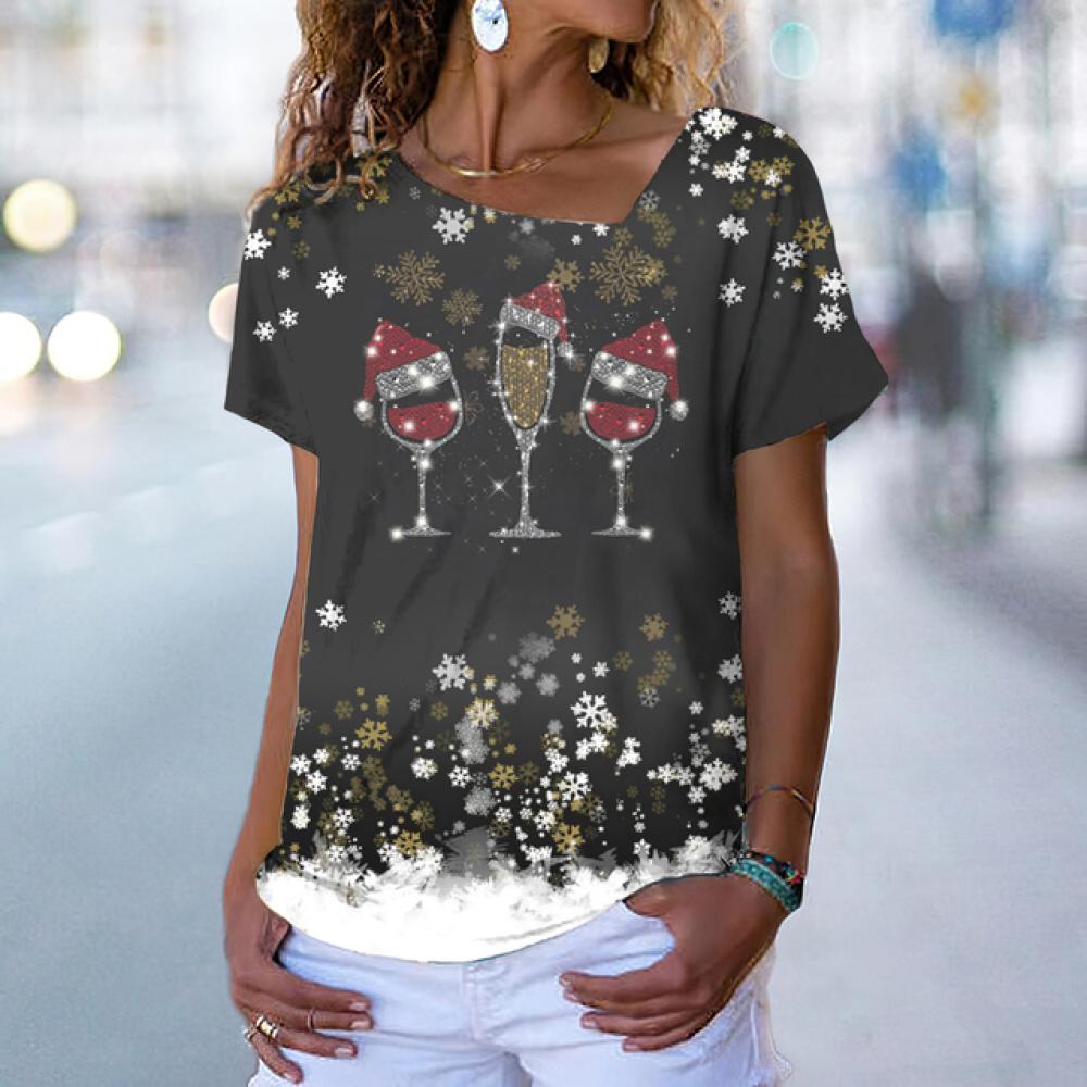 Новая рождественская женская футболка, модная футболка с красным бокалом для вина и 3d принтом, футболки с v-образным вырезом, летняя повседневная винтажная футболка, праздничная женская одежда