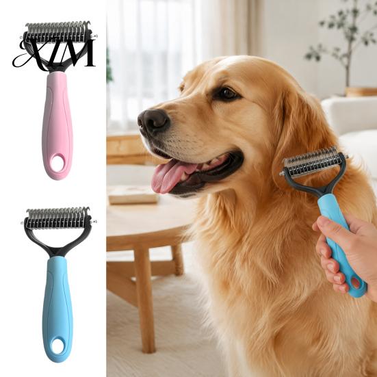 Dog Grooming Supplies Double-Sided Pet Detangling Rake, Undercoat Rake with Rounded Blades, Non Slip Comb Shedding Brush for Long Hair Dogs, Cats Dogs